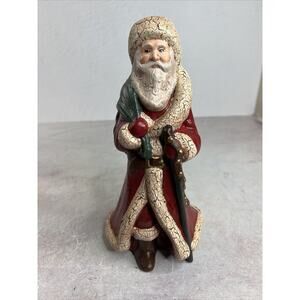 Vintage Old World Santa With Staff And‎ Toy bag Figurine Handmade Ceramic